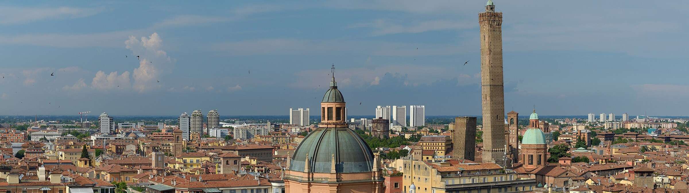 Bologna's terracotta rooftops with the Asinelli tower and the dome of Santa Maria della Vita